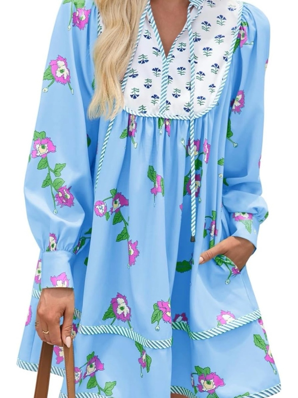Brand New! Light Blue Floral Puff-Sleeve Casual Dress with Contrast Yoke